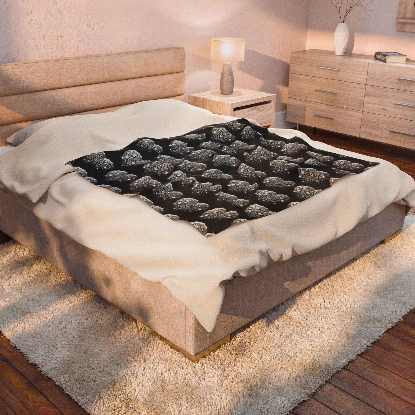 Velveteen Plush Blanket - Cozy Heart Pattern Home Decor and Gifts, Valentine's Day Throw, Wedding Present, Warm Bedroom Bedding, Soft Couch