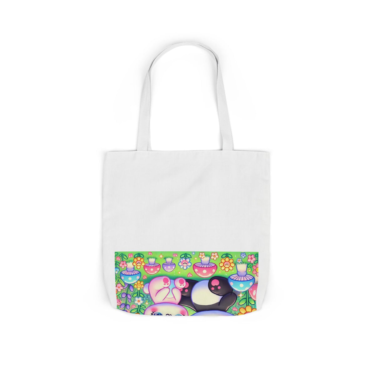 Pastel Panda and Bunny Rainbow Garden Canvas Tote Bag