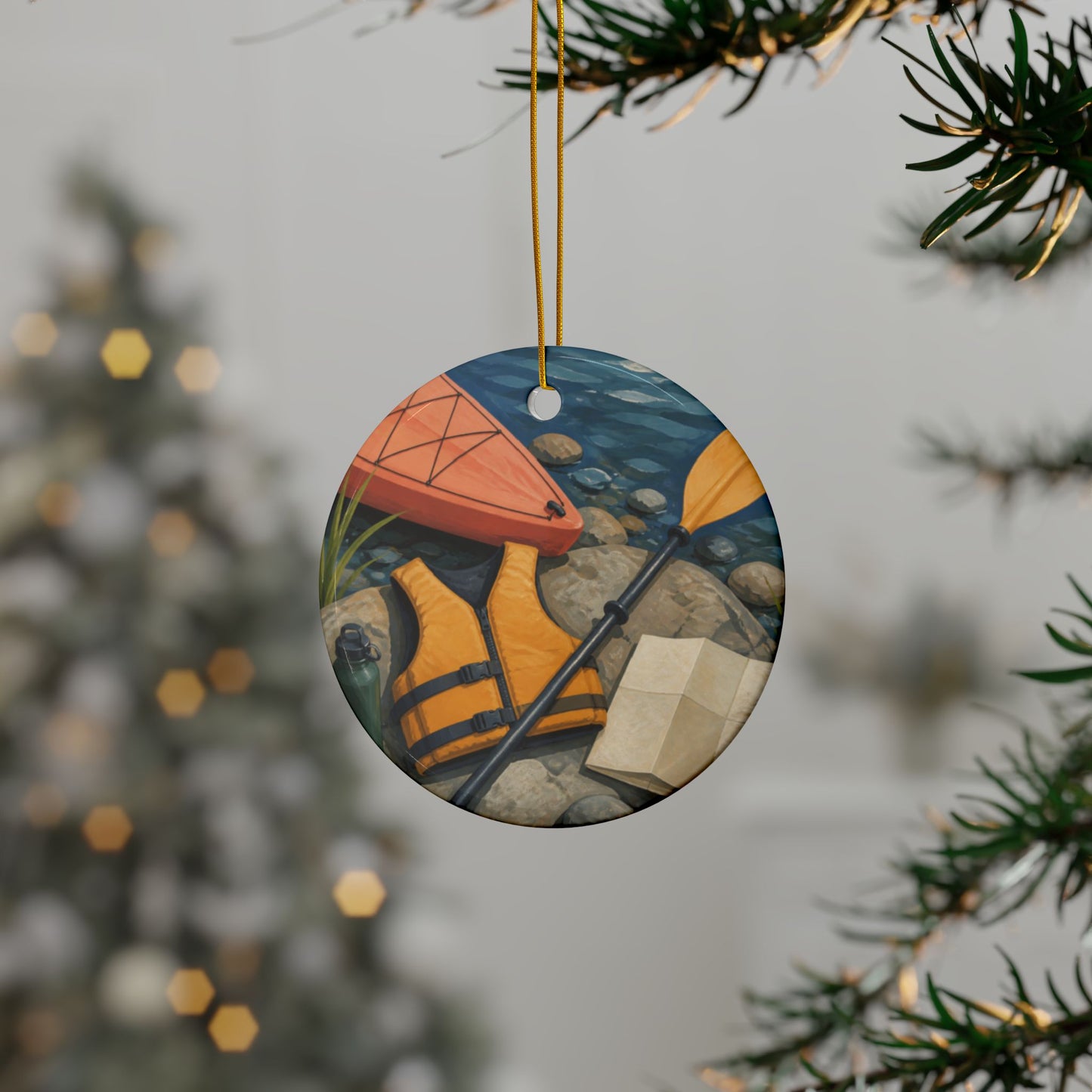 Calm Kayaking Adventure Art Ceramic Ornament, Holiday Keepsake and Gift