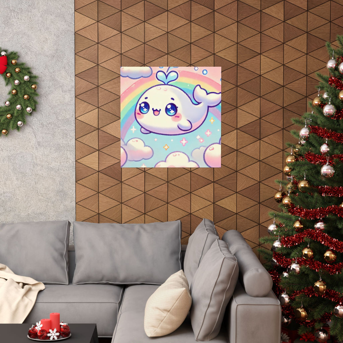 Kawaii Rainbow Whale Pastel Cloud Wall Art Poster