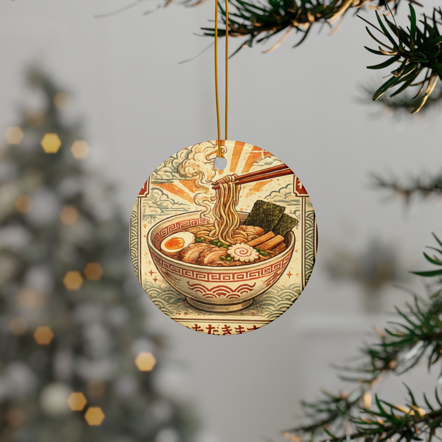 Vintage Ramen Bowl Illustration Ceramic Ornament, Holiday Keepsake and Gift