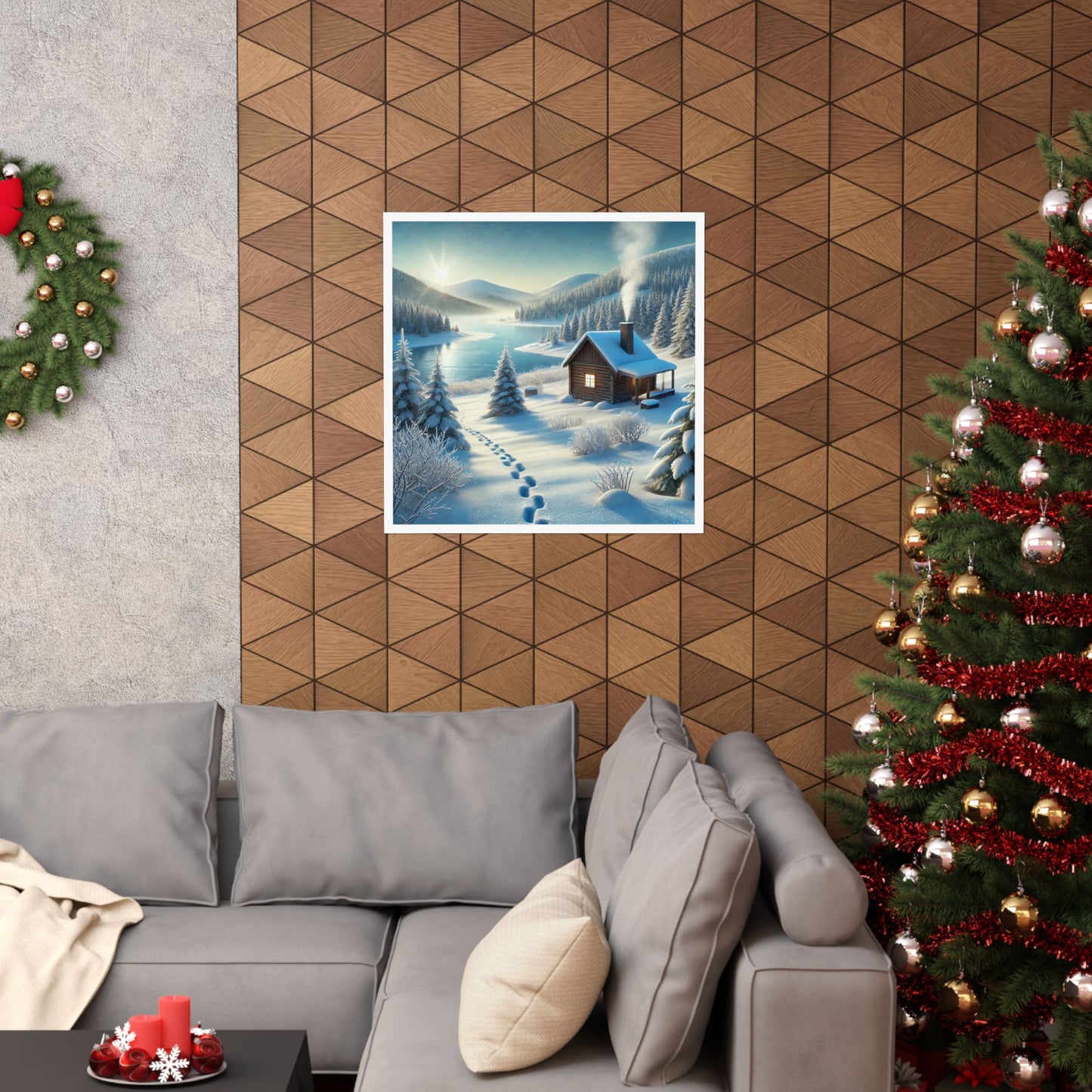 Snowy Cabin Winter Lake Landscape Art Poster
