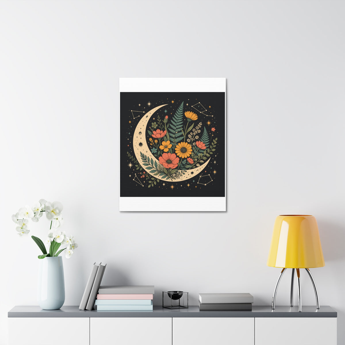 Celestial Wildflower Crescent Moon Botanical Canvas Art