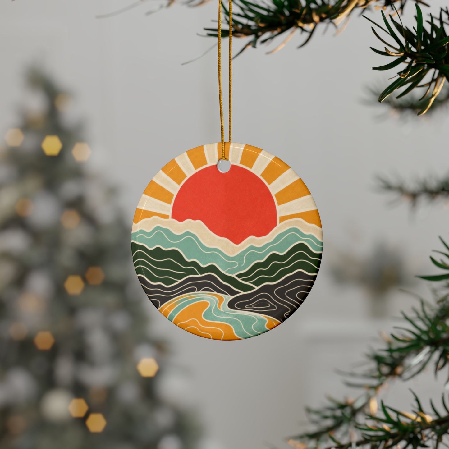 Topographic Sunrise Mid Century Mountain Adventure Art Ceramic Ornament, Holiday