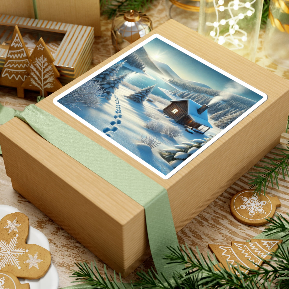 Snowy Cabin Winter Lake Landscape Art Sticker