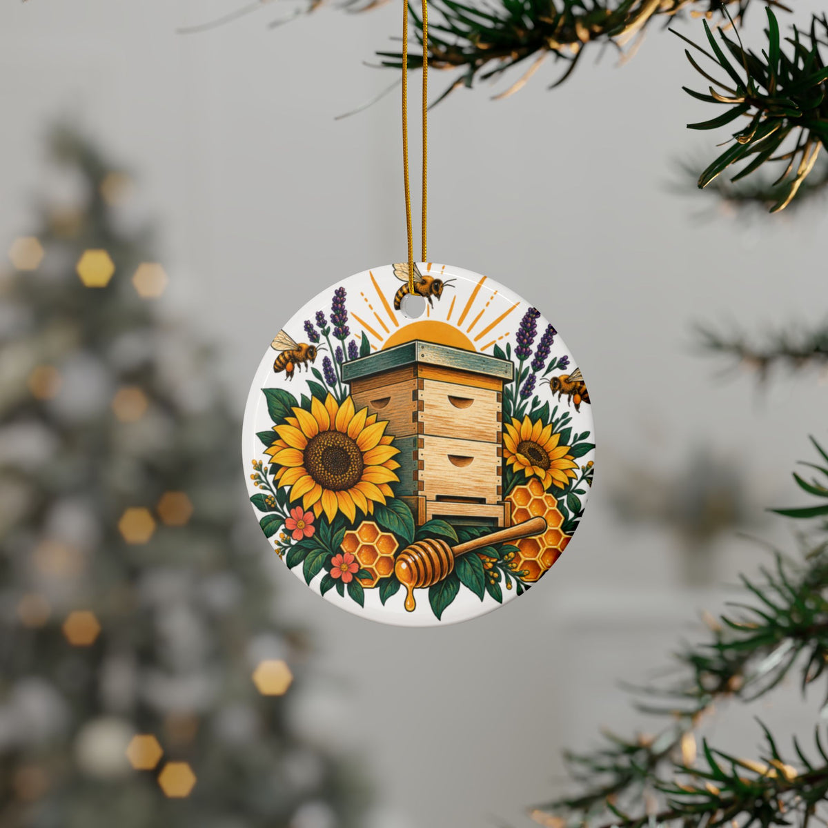 Retro Beehive Sunflowers and Pollinator Garden Art Ceramic Ornament, Holiday Kee