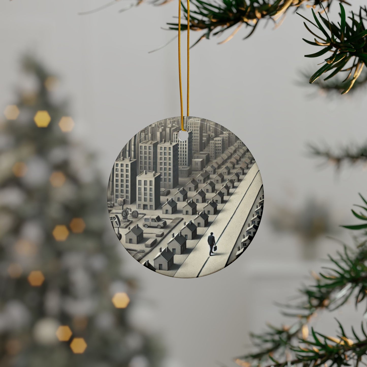 Monochrome Urban Factory Cityscape Ceramic Ornament, Holiday Keepsake and Gift