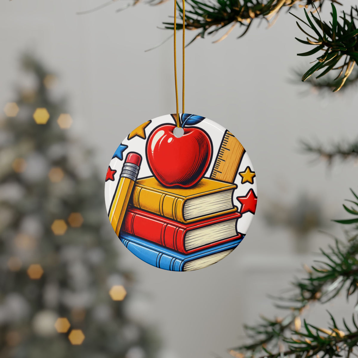 Retro School Books Apple Teacher Appreciation Art Ceramic Ornament, Holiday Keep