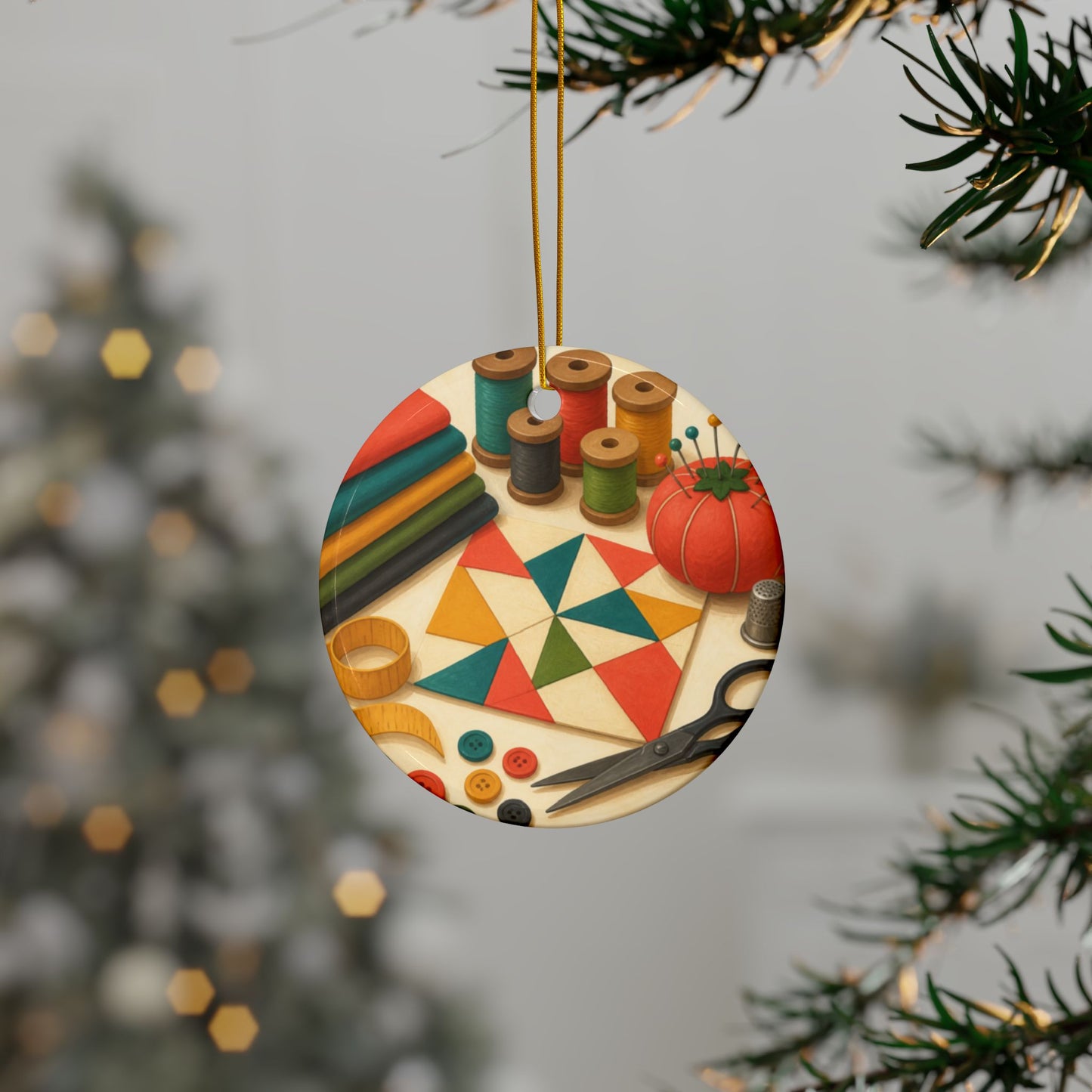 Colorful Sewing and Quilting Hobby Art Ceramic Ornament, Holiday Keepsake and Gi