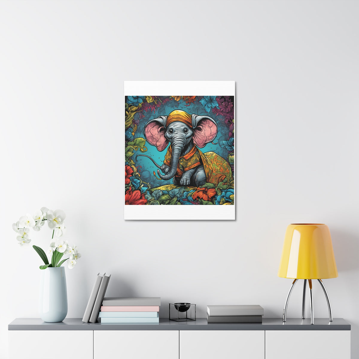 Colorful Storybook Elephant Floral Garden Canvas Wall Art