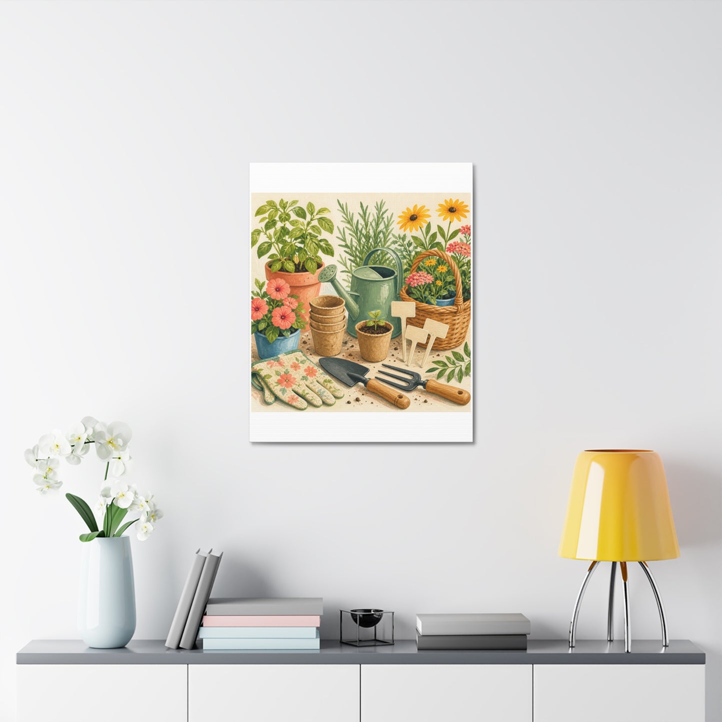 Colorful Gardening Tools and Flowers Canvas Art