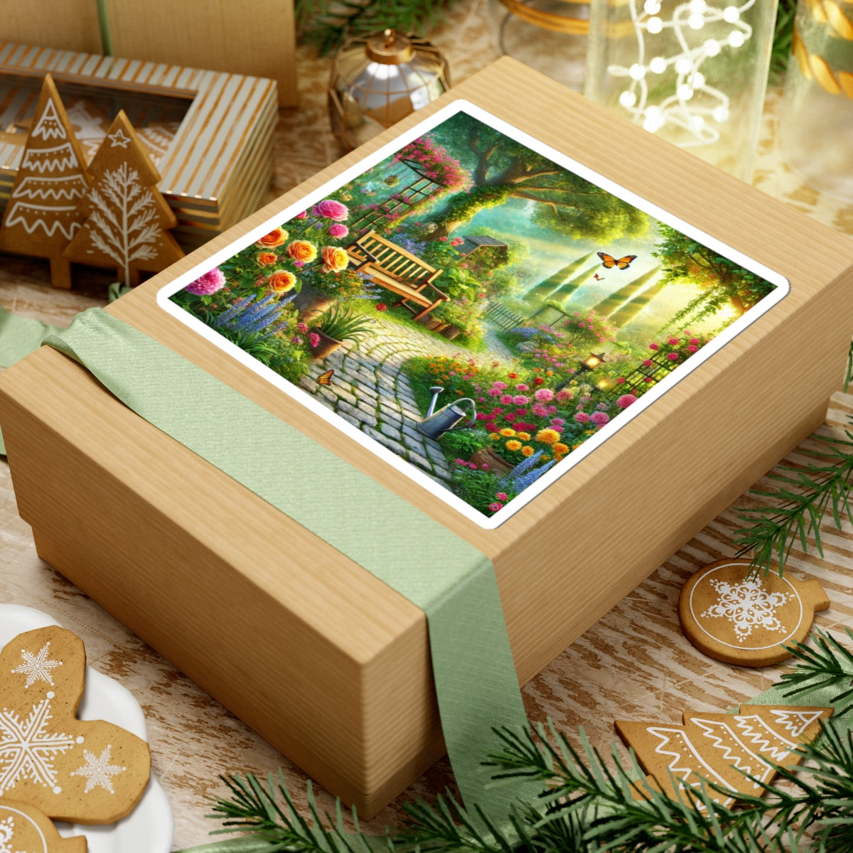 Sunlit Spring Flower Garden Bench Sticker