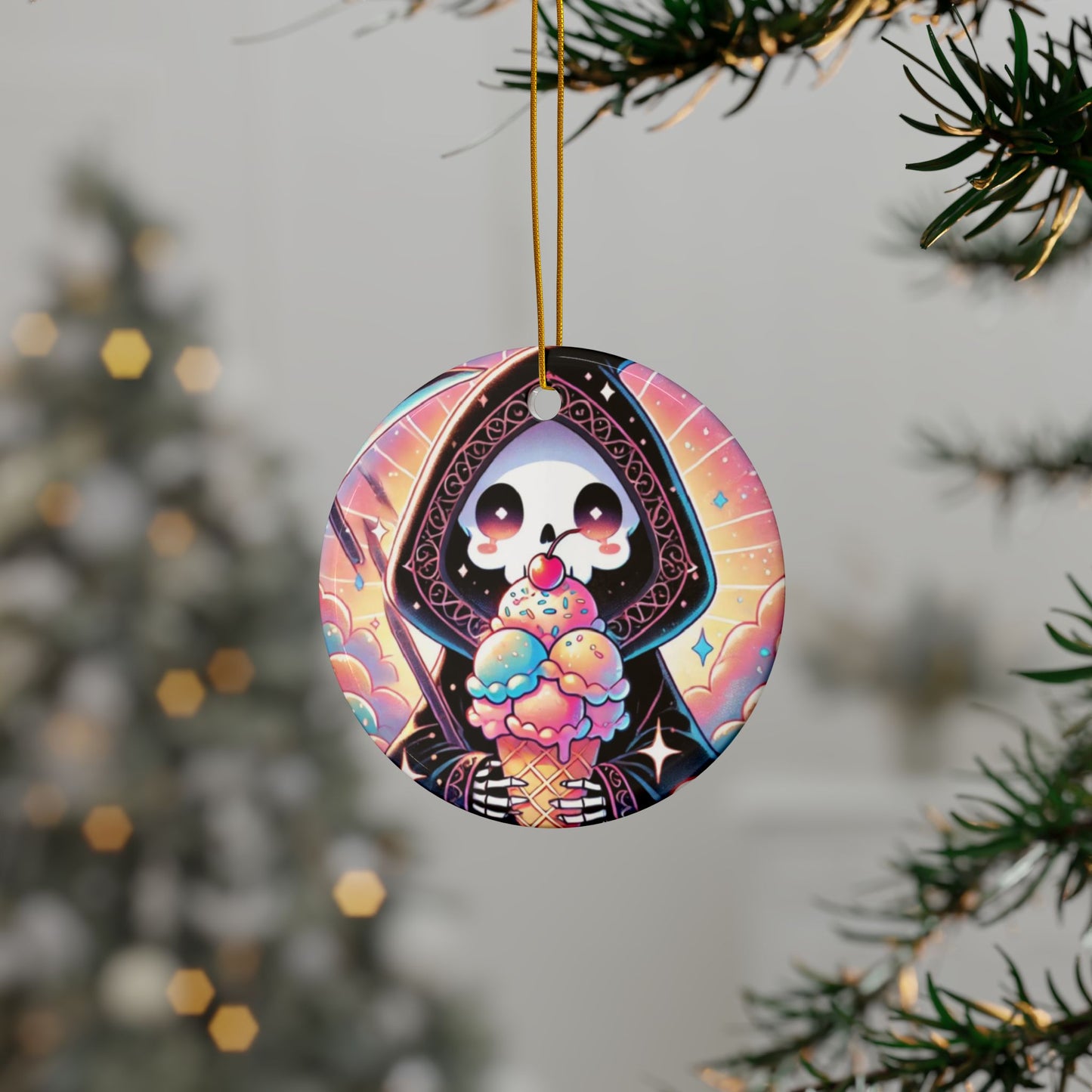 Cute Grim Reaper Ice Cream Pastel Novelty Art Ceramic Ornament, Holiday Keepsake
