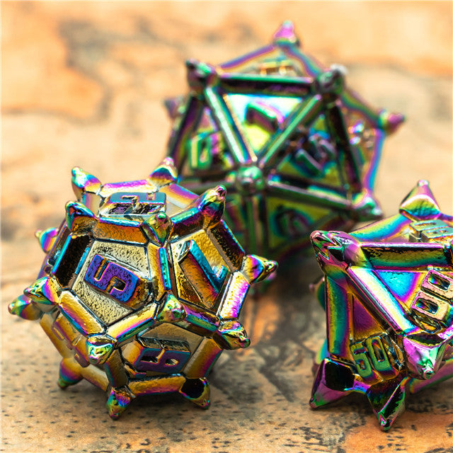 Rainbow Pinwheel Strengthened Metal 7-Dice Set | Metal DND Dice