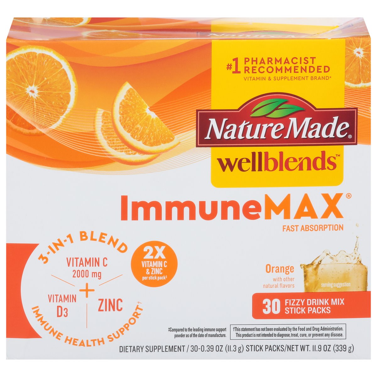 Nature Made Wellblends Fizzy Drink Mix, Immune Max, 1500 Mg, Stick Packs, Orange
