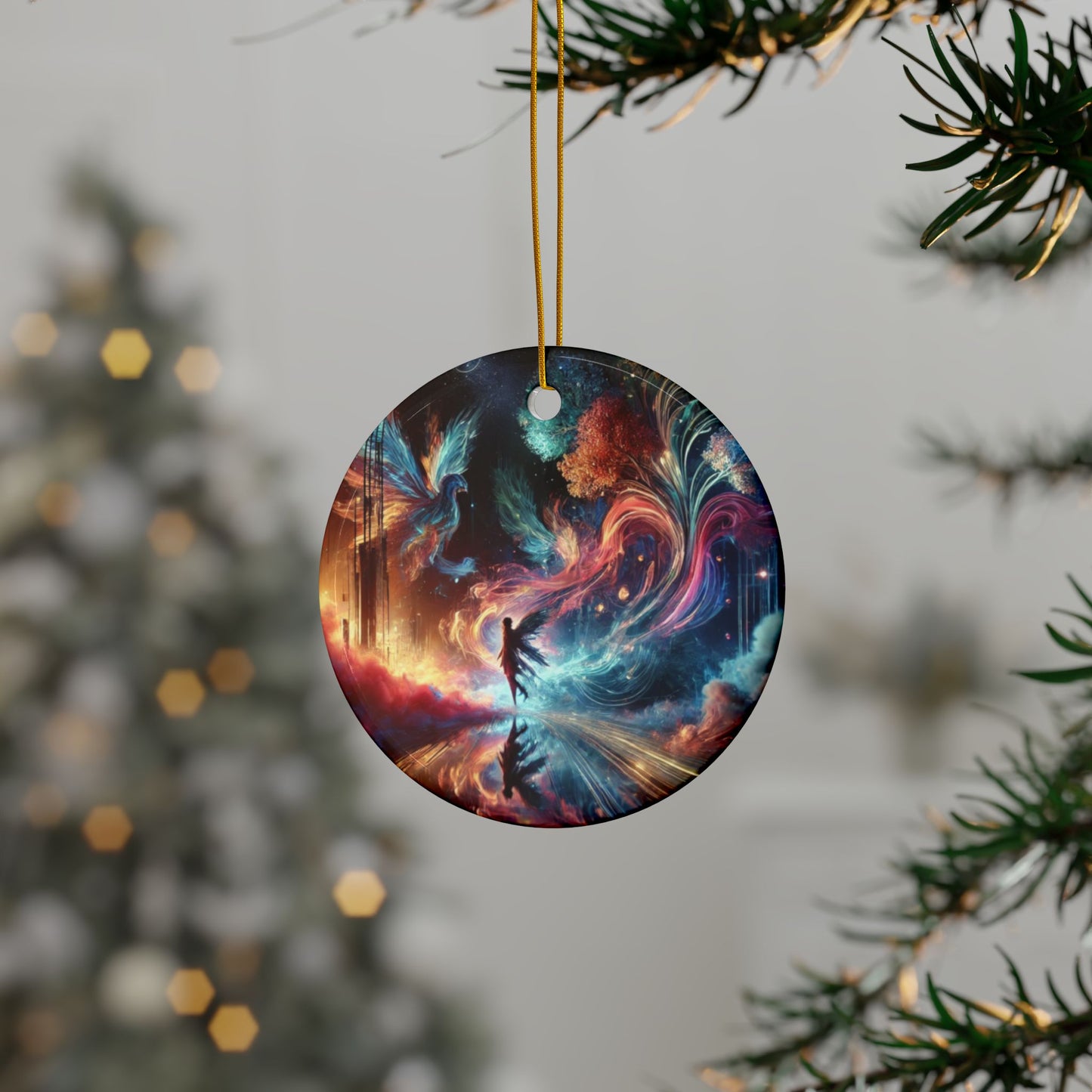 Cosmic Aurora Dancer Dreamscape Ceramic Ornament, Holiday Keepsake and Gift