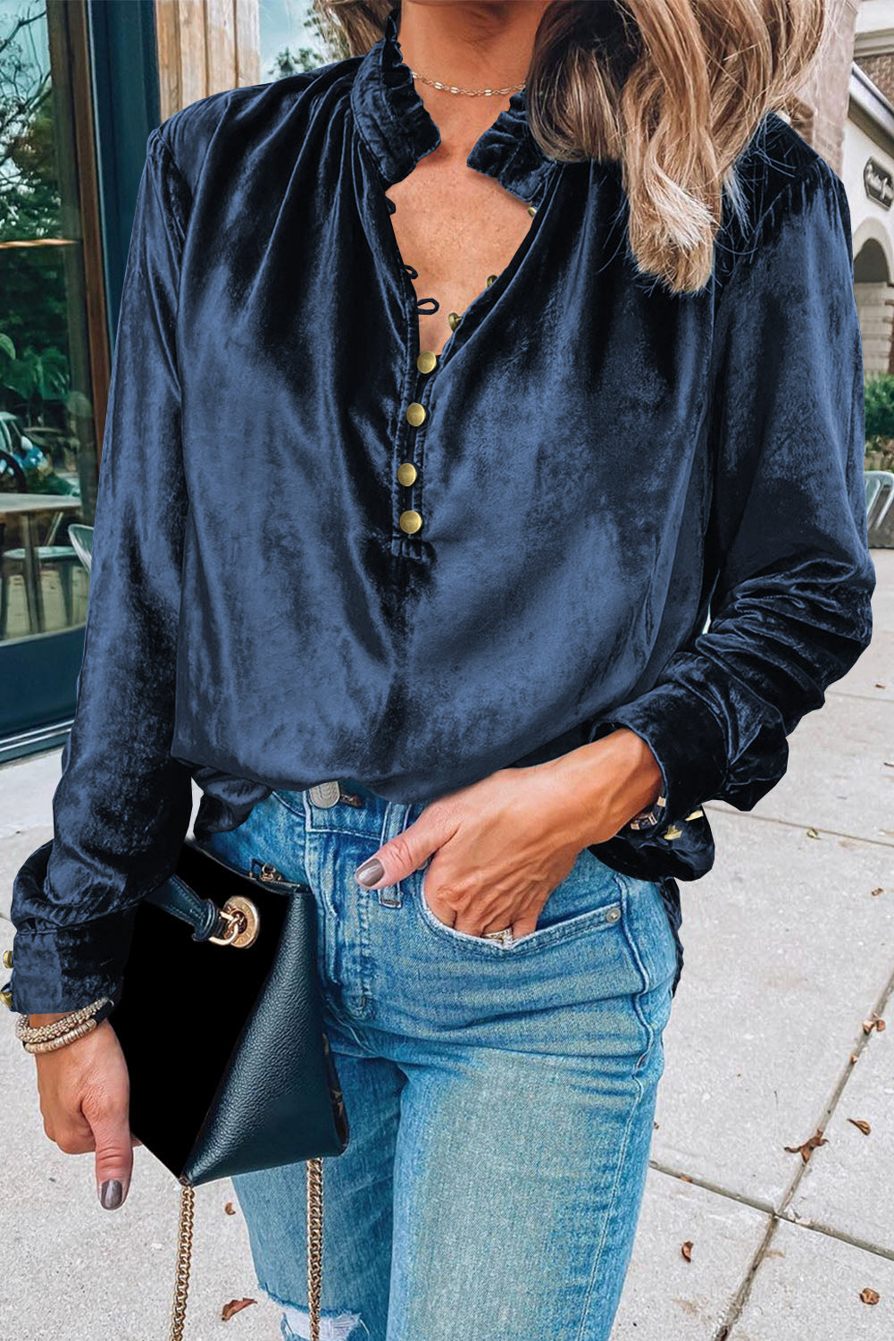 Velvet Frilled Neck Top FB