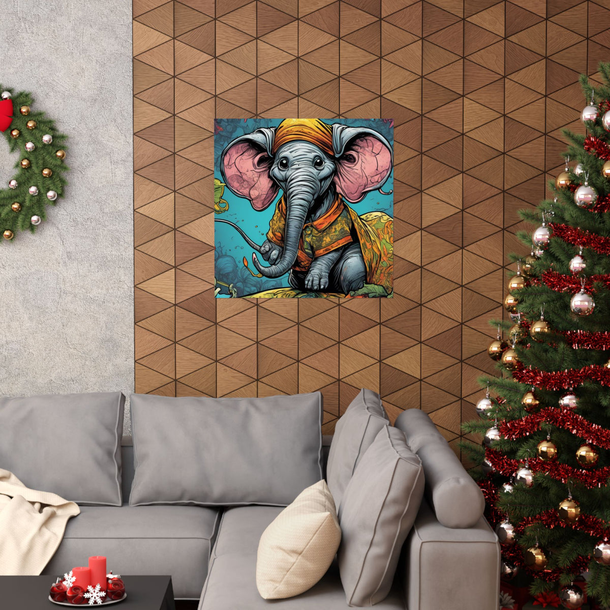 Colorful Storybook Elephant Floral Garden Wall Art Poster