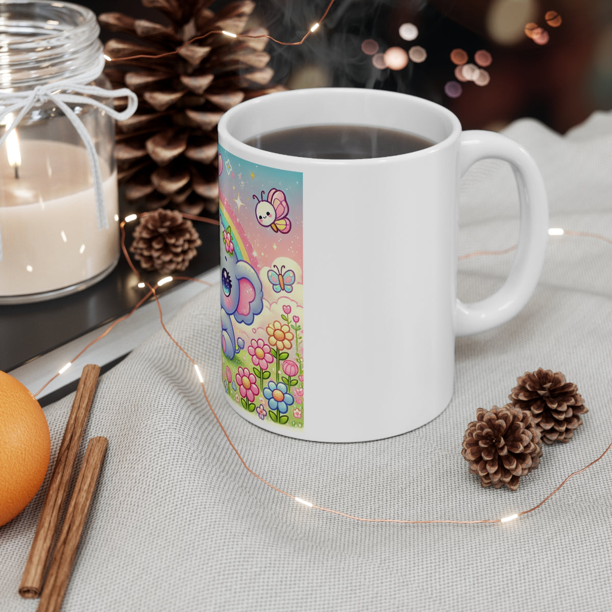 Pastel Rainbow Baby Elephant Floral Coffee Mug