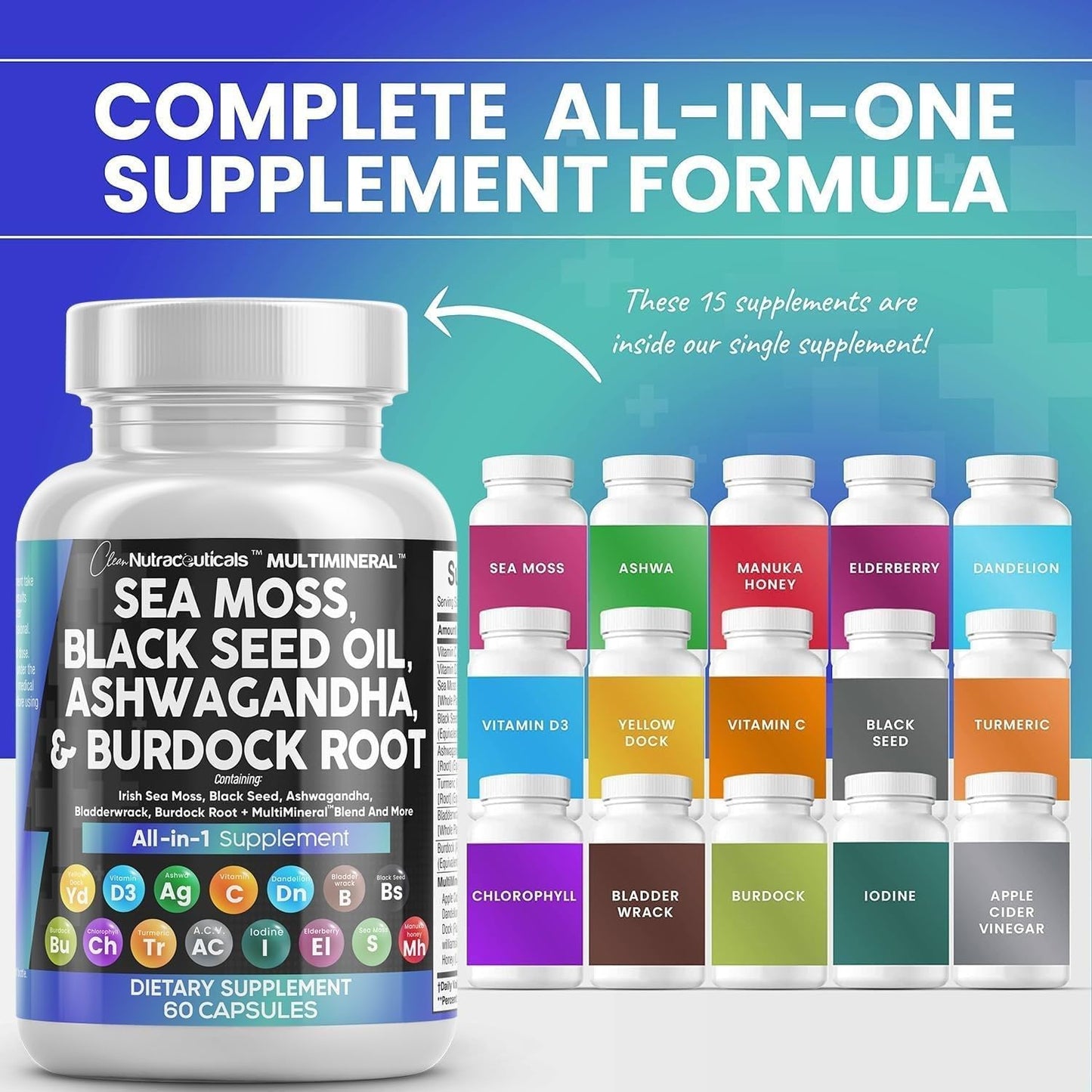 2 Pack Clean Nutraceuticals Sea Moss Black Seed Oil Ashwagandha Turmeric Bladderwrack Burdock & Vitamin C Vitamin D3 with Elderberry Manuka Dandelion Yellow Dock Iodine Chlorophyll ACV