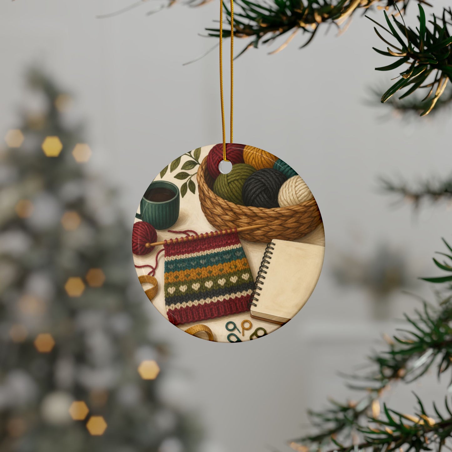 Cozy Knitting and Yarn Hobby Art Ceramic Ornament, Holiday Keepsake and Gift