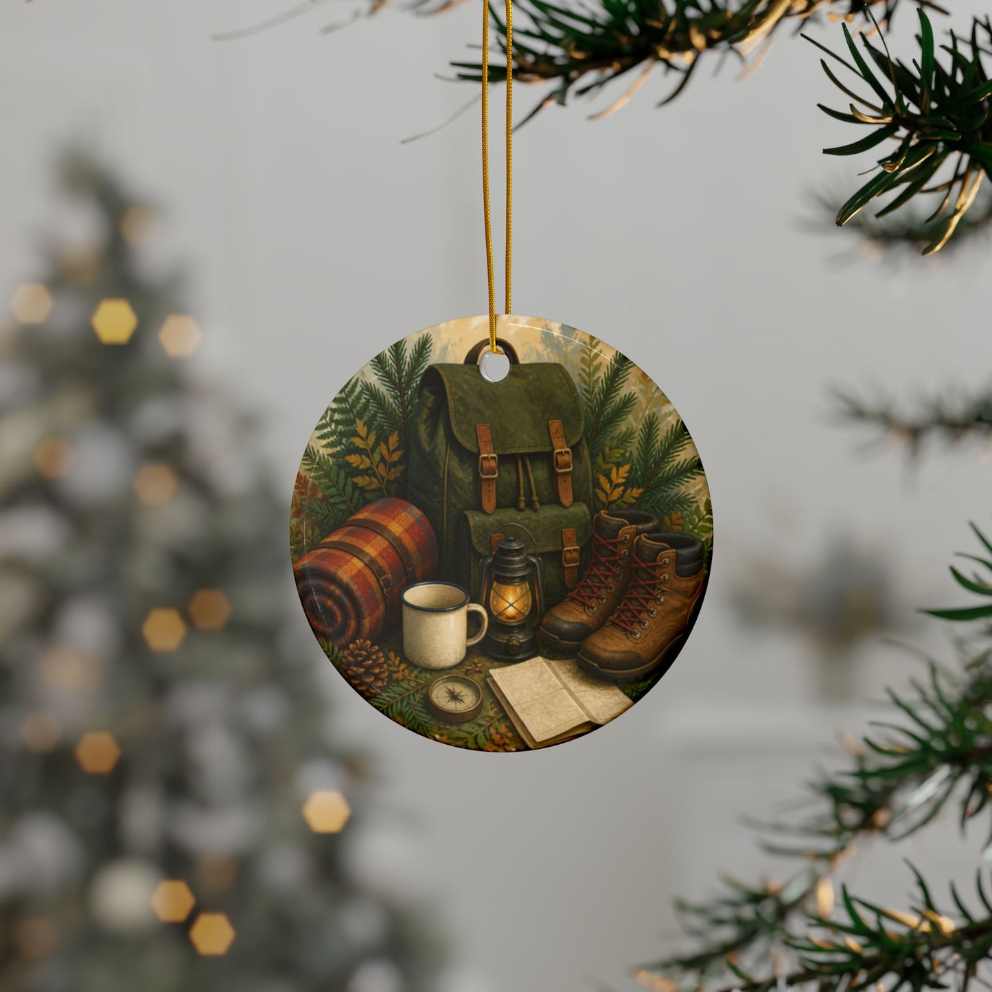 Generic Camping Gear Outdoor Adventure Art Ceramic Ornament, Holiday Keepsake an