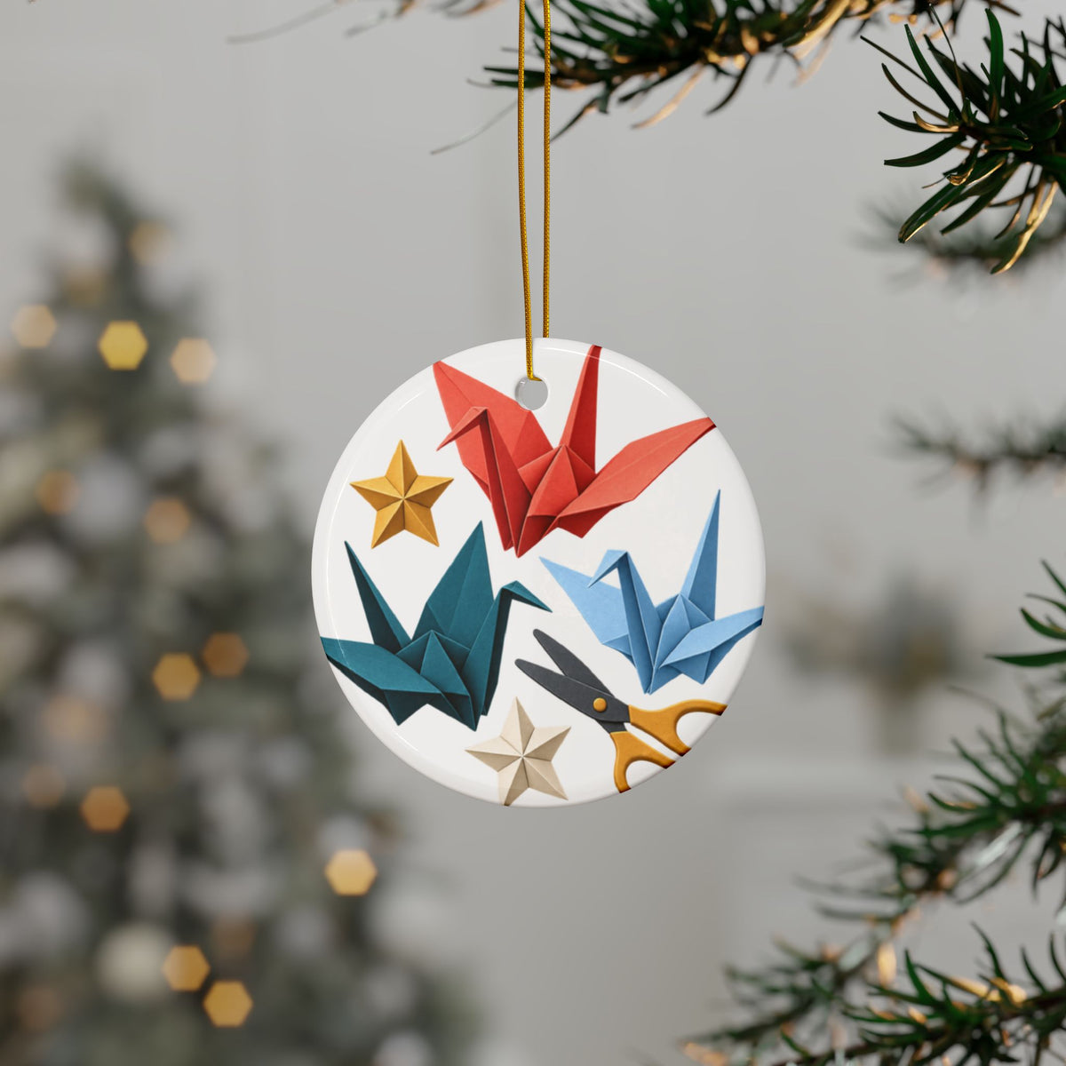 Colorful Origami Cranes and Paper Craft Round Ornament