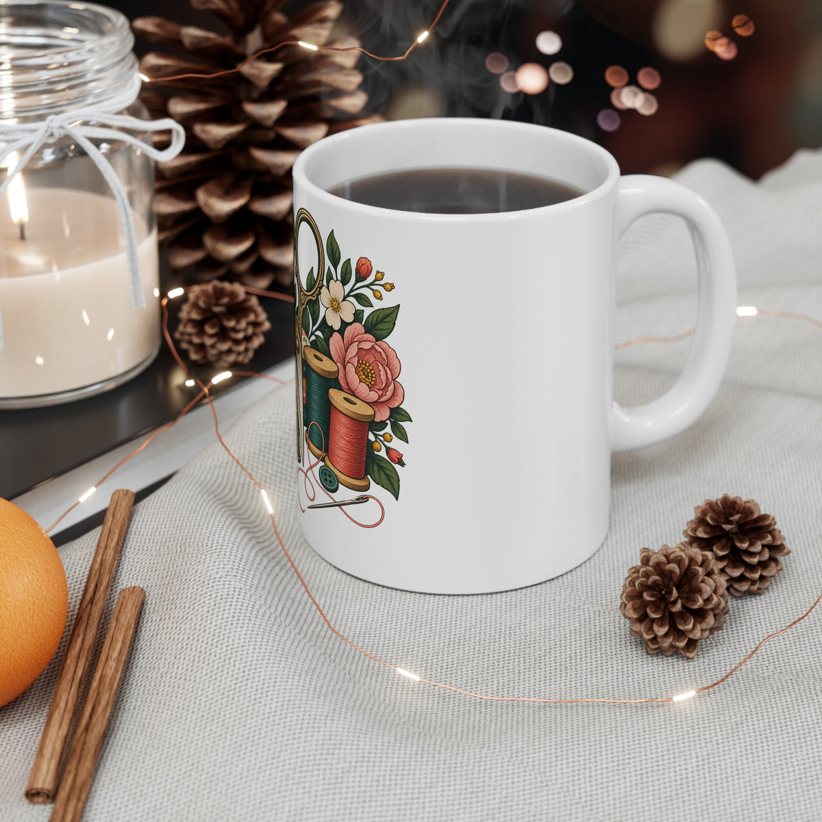 Retro Sewing Scissors Thread and Floral Art Mug