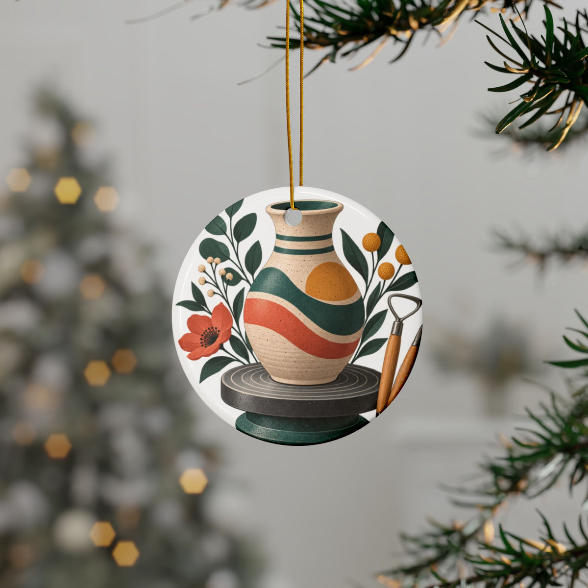 Midcentury Pottery Botanical Art Round Ornament