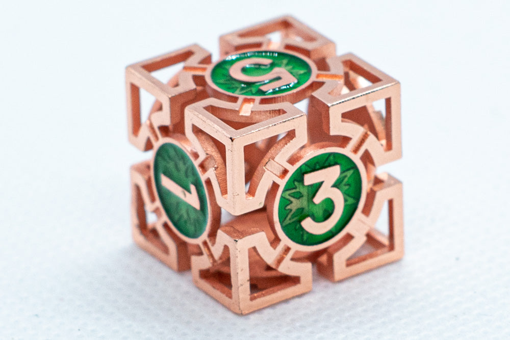 Single d6/d20 Rose Gold w/Green Deadly Arrow Dice