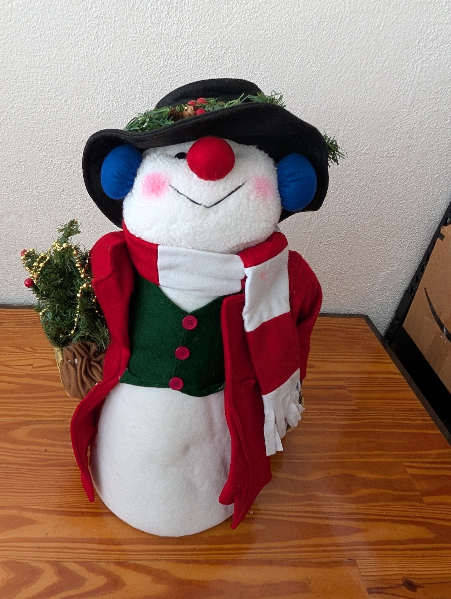 Plush Snowman with Tree from Unknown - Holiday Decor (Fabric, Plush Figurine, Traditional, Whimsical, White, Red, Green, Black)