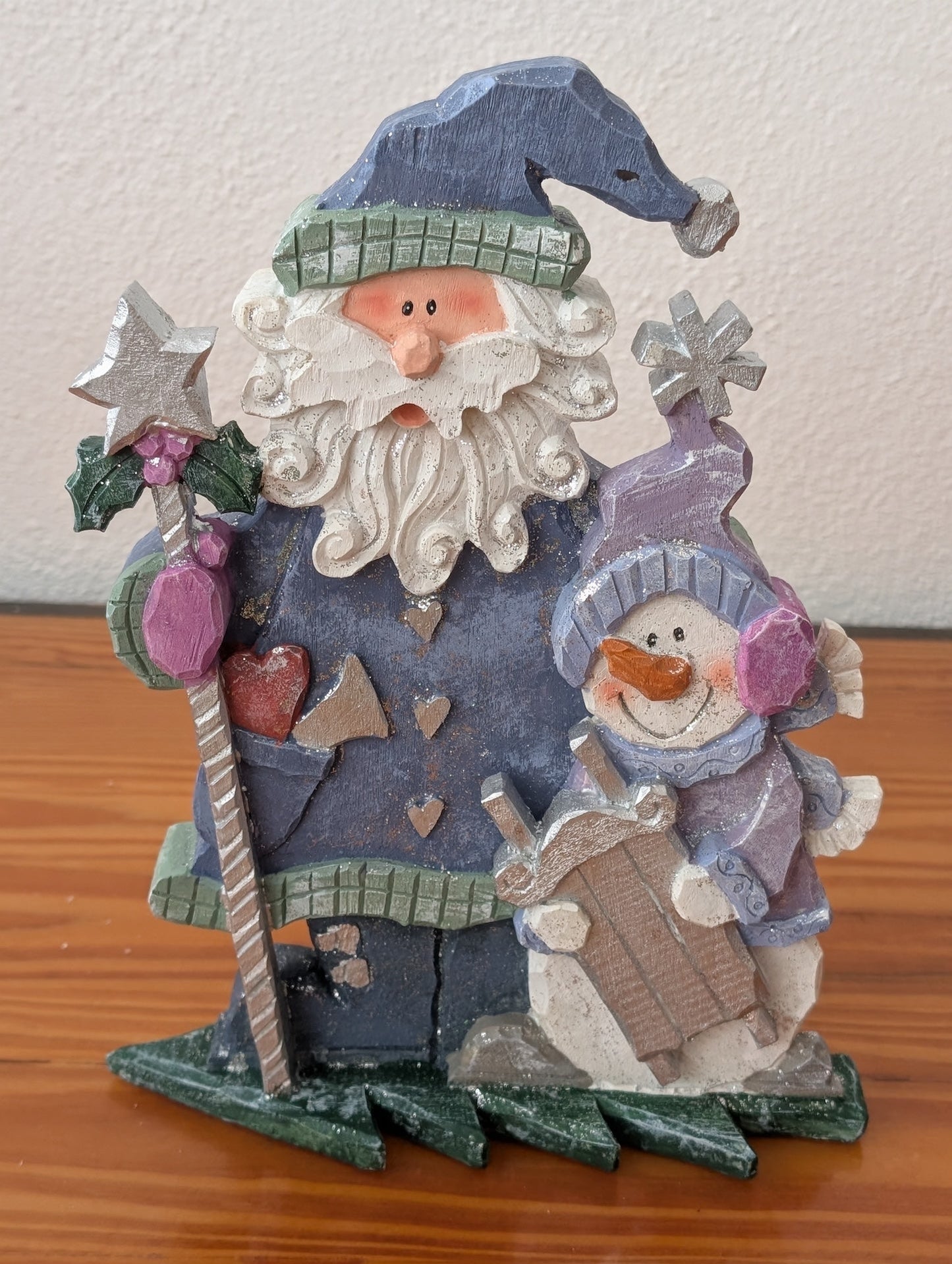 Santa and Snowman Pals from Unknown - Holiday Decor (Resin Figurine, Rustic, Folk Art, Country, Blue, Purple, Cream)