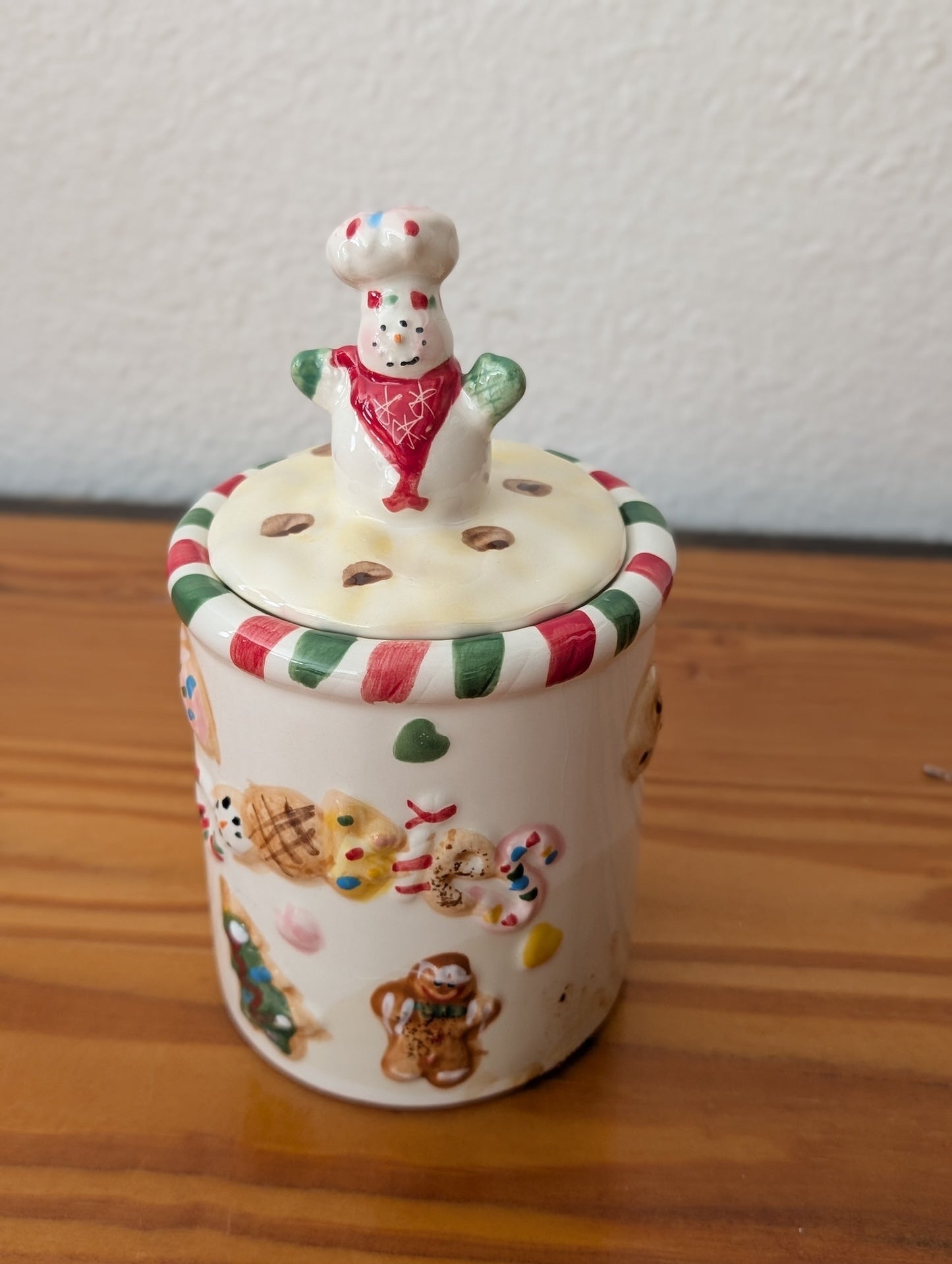 Christmas Cookie Jar from Unknown - Kitchenware (Ceramic Canister / Cookie Jar, Whimsical, Kitchen Kitsch, Cream, Red, Green)