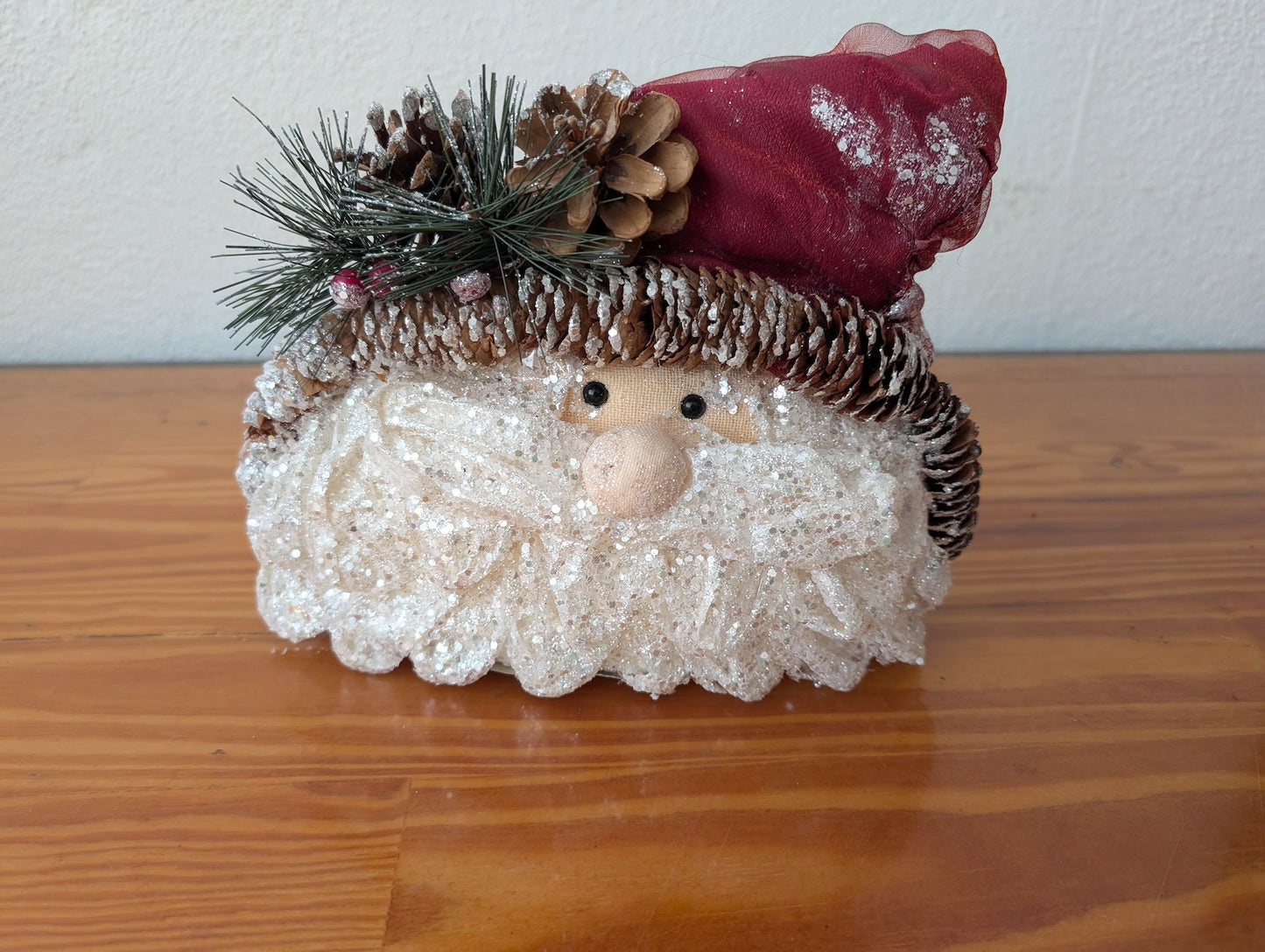Pinecone Hat Santa Head from Unknown - Holiday Decor (Pinecones, Fabric, Plastic, Glitter Christmas Ornament/Decor, Rustic, Farmhouse, Christmas, Holiday, White, Brown, Red, Green)