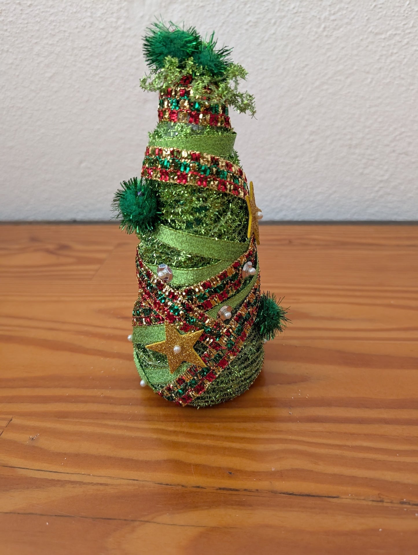 Tinsel Tabletop Tree from Unknown - Holiday Decor (Plastic, Tinsel, Ribbon Decor, Whimsical, Kitsch, Green, Red, Gold)