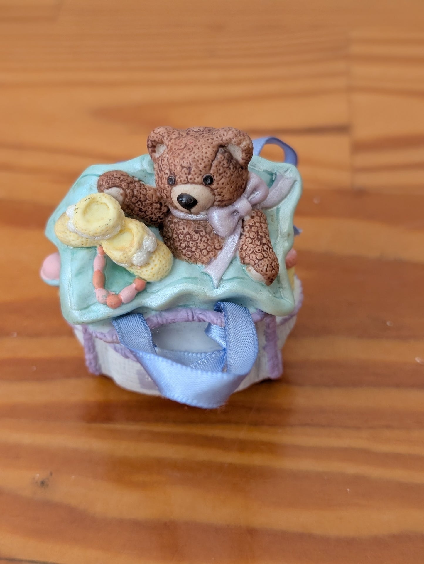 Baby's First Christmas Bear Box from Unknown - Holiday Decor (Resin Figurine / Ornament, Baby's First Christmas, Pastel Blue, Brown, Purple)