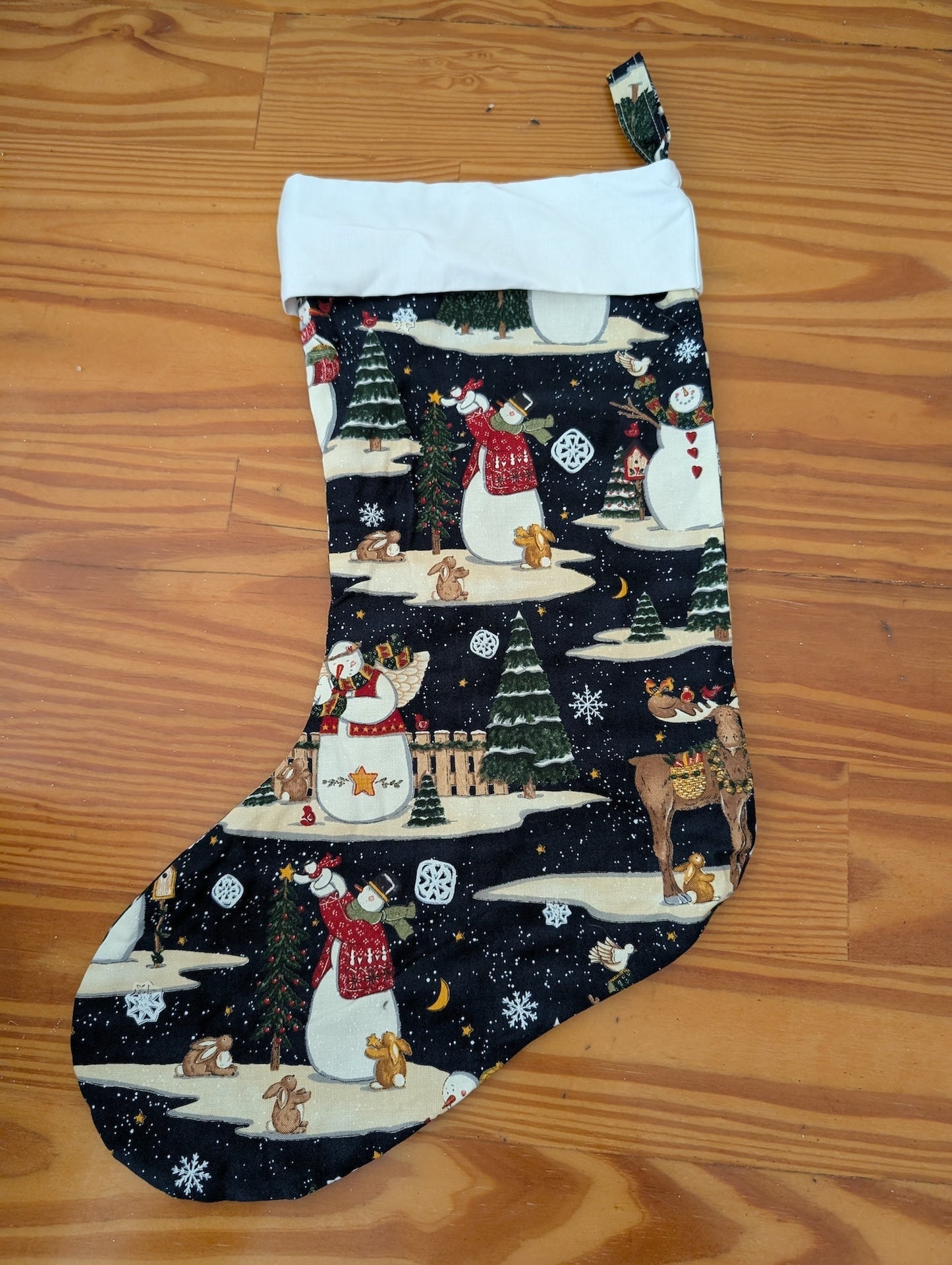 Snowman & Woodland Animal Stocking from Unknown - Linens (Fabric (Cotton/Polyester) Stocking, Traditional, Rustic, Black, White, Red, Green)