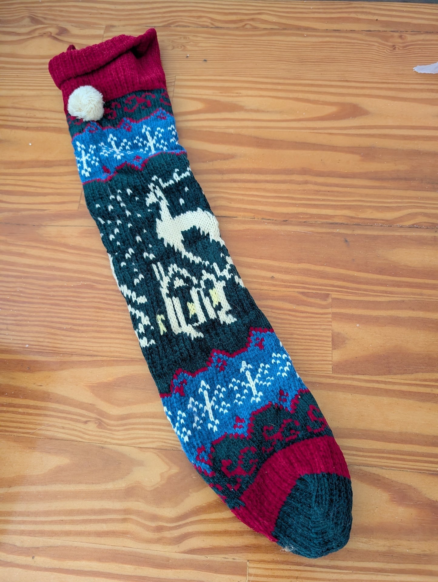 Knit Reindeer Stocking from Unknown - Linens (Wool or Acrylic Yarn Stocking, Scandinavian, Rustic, Cabin, Green, Blue, Red, White)