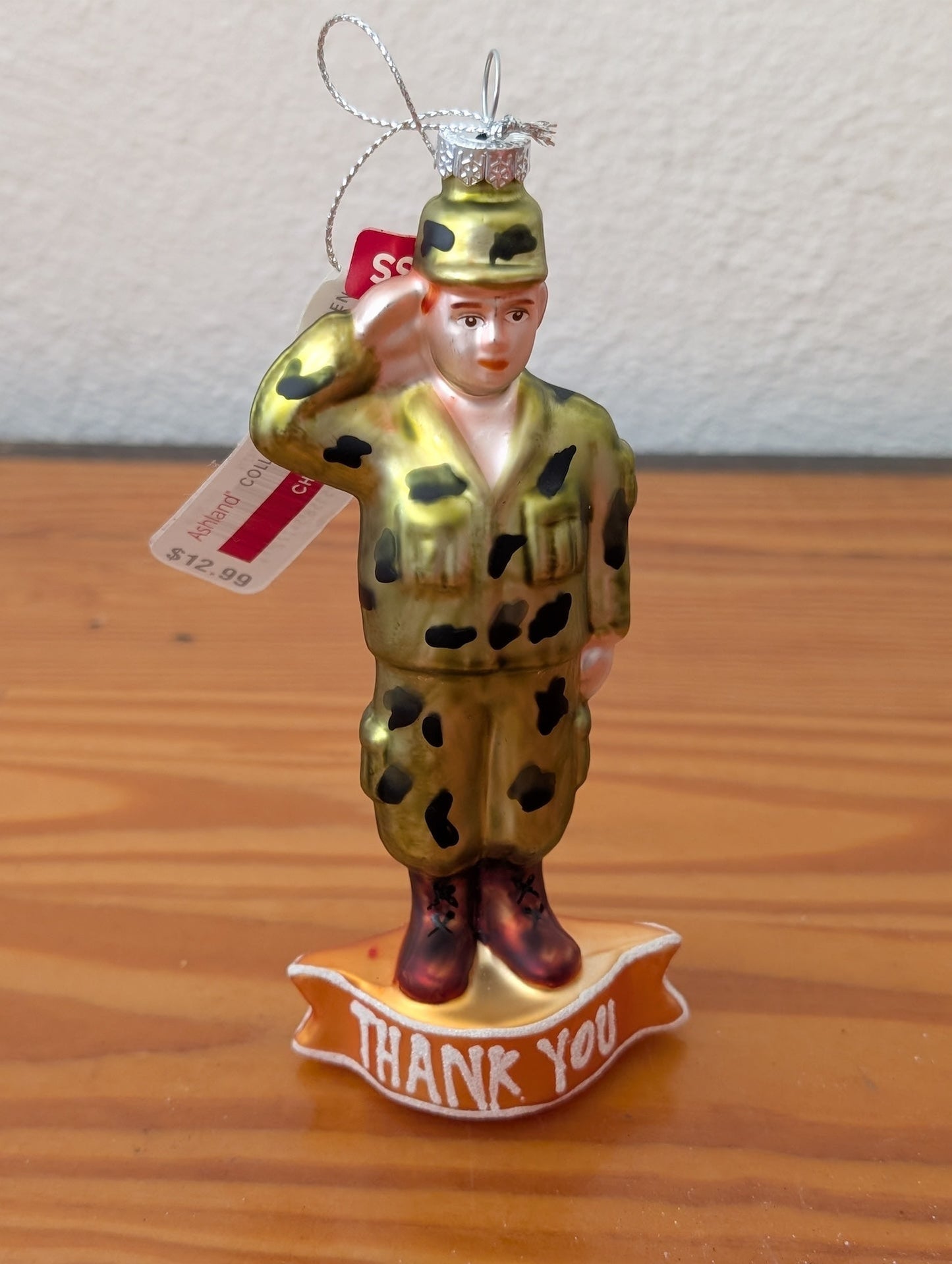 Glass Soldier "Thank You" Ornament from Ashland - Ornaments (Glass Ornament, Patriotic, Traditional, Green, Brown, Gold)