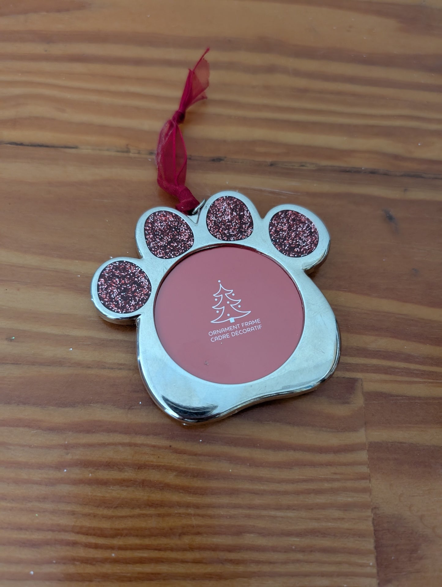 Paw Print Photo Frame Ornament from Unknown - Ornaments (Metal, Glitter Ornament, Pet-themed, Silver, Pink, Red)