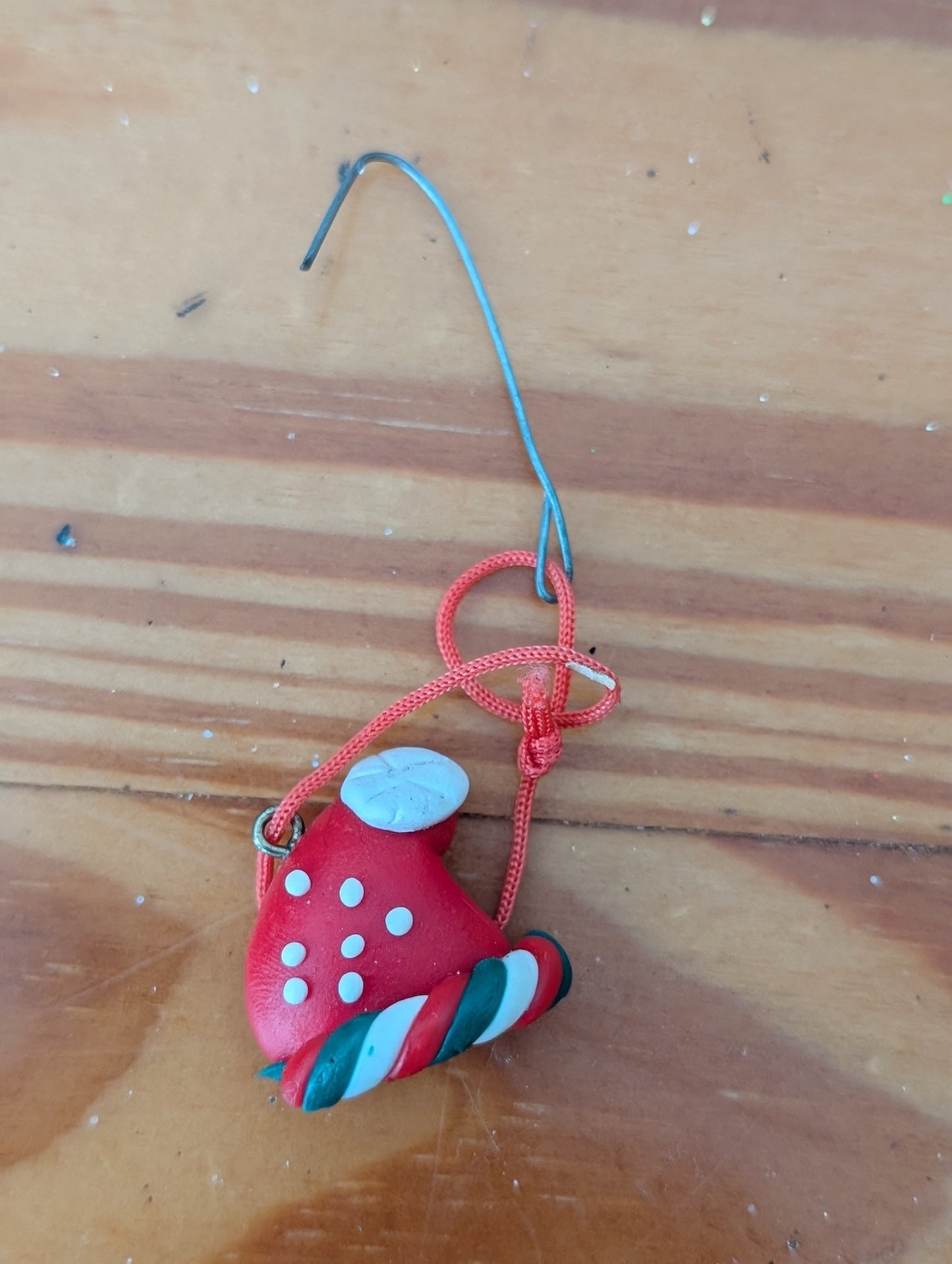 Clay Santa Hat & Candy Cane Ornament from Unknown - Ornaments (Polymer Clay Ornament, Craft, Handmade, Red, White, Green)