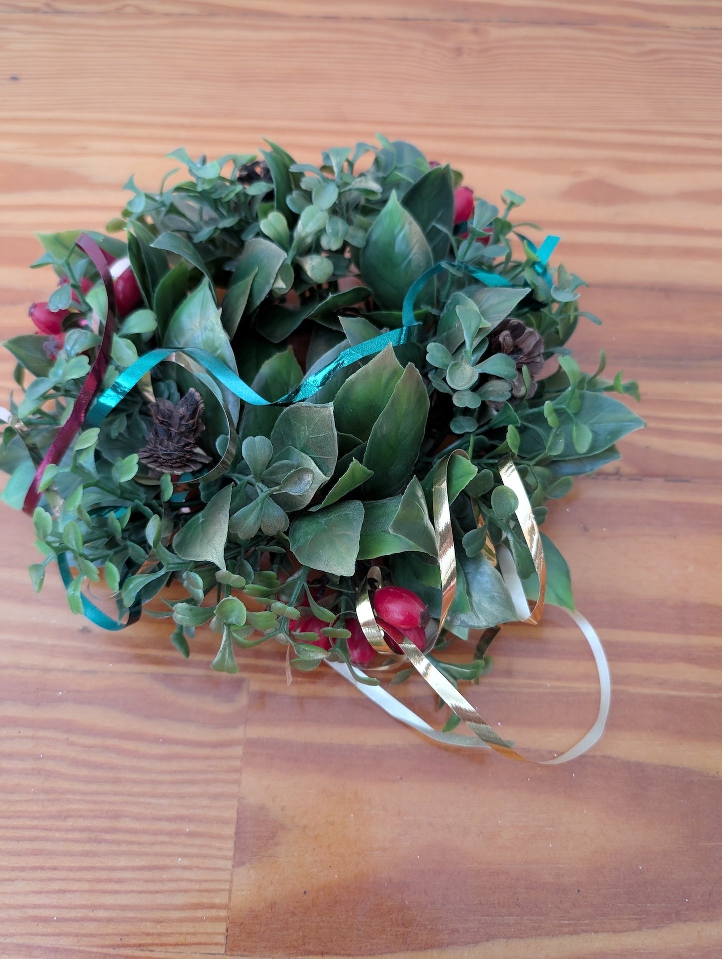 Candle Ring Wreath from Unknown - Holiday Decor (Plastic, Pinecone, Ribbon Decor, Traditional, Green, Red, Gold, Blue)