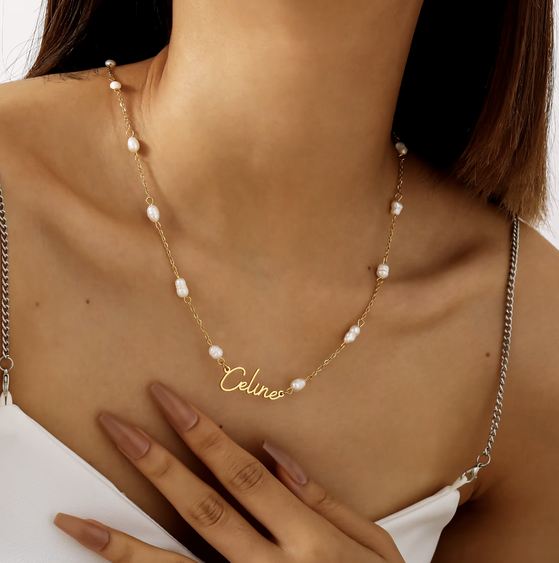 Cursive Name Necklace w/ Petite Pearls