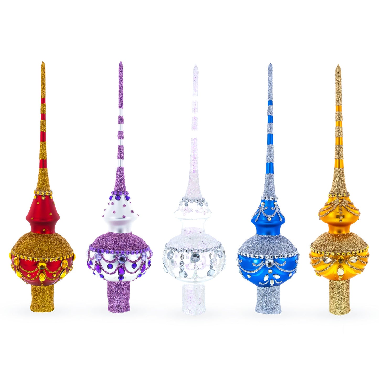 Elegant Blue and Purple Jewel-Encrusted Glass Tree Topper 11 Inches