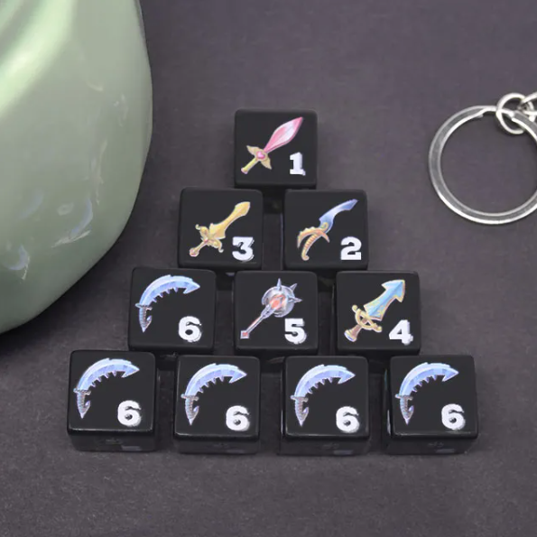 (Black) Sword Dice | Printed d6 Dice Featuring Fantasy Weapons Numbered