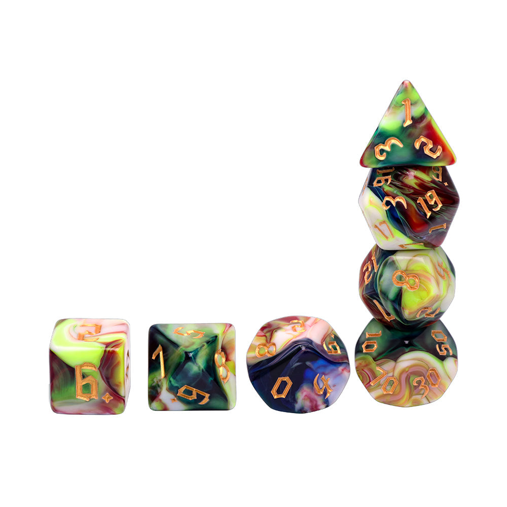 Secret Garden 7-Dice Set Blue/White/Green/Red w/Gold Numbers Dnd Dice Set
