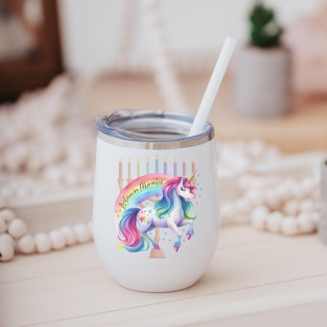 Believe in Miracles Unicorn Chanukah Wine Tumbler