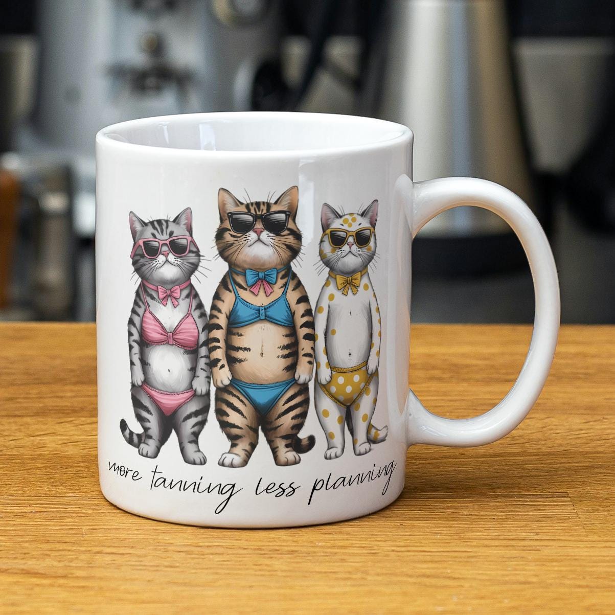 More Tanning Less Planning Funny Teacher Bikini Cats Mug