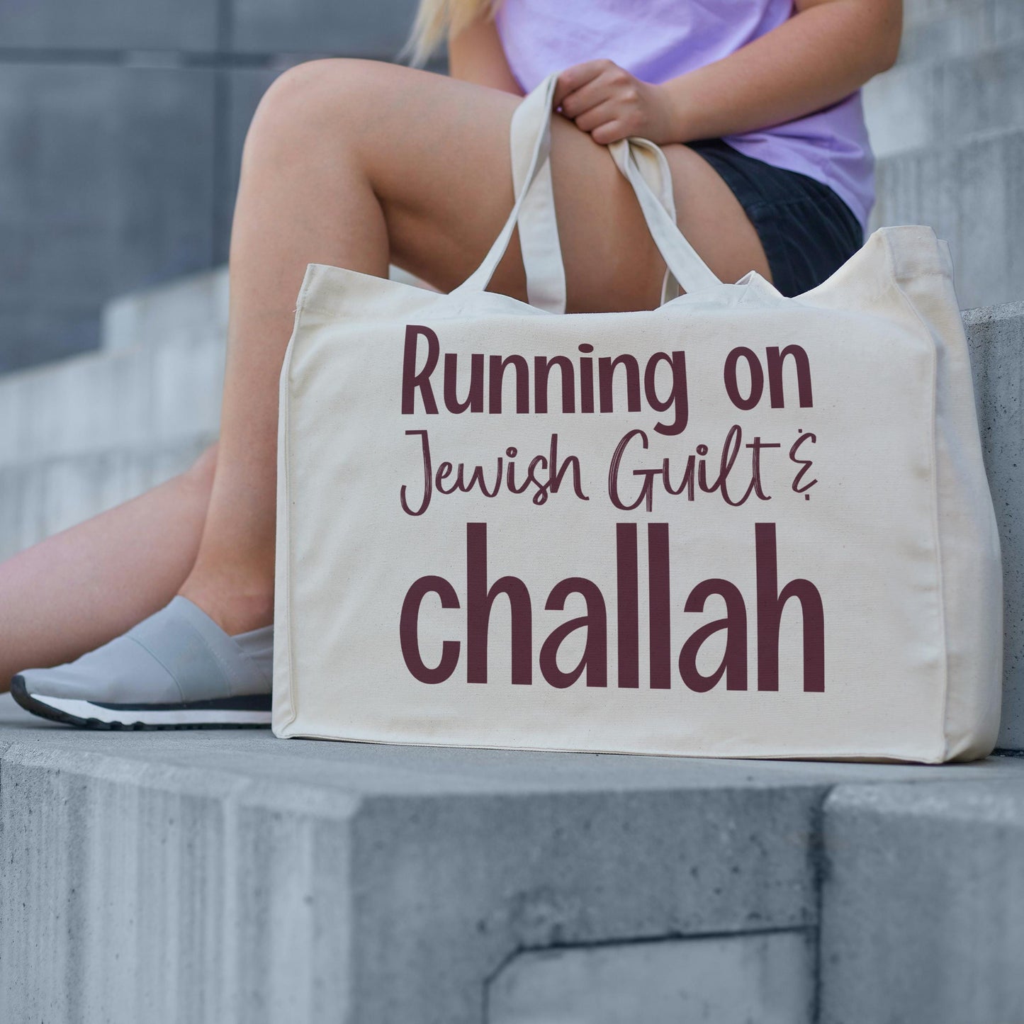 Running on Jewish Guilt Oversized Tote Bag – Challah, Caffeine, or Cold Brew