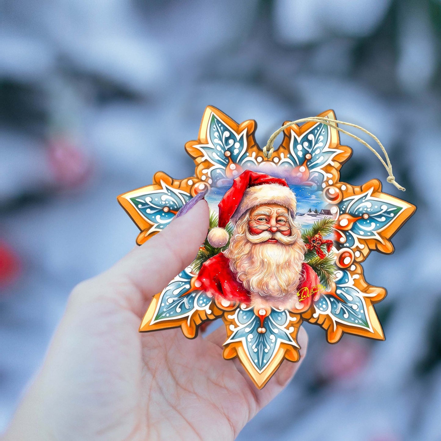 Santa Snowflake Wooden Ornaments by G. Debrekht - Christmas Santa Snowman Decor - 8688422